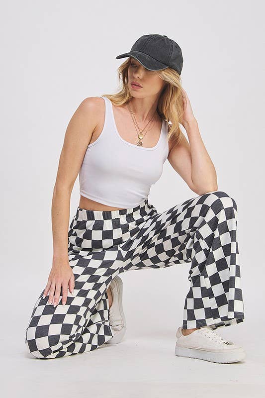 JADE BY JANE - HIGH WAIST CHECKERED STRAIGHT LEG KNIT PANTS