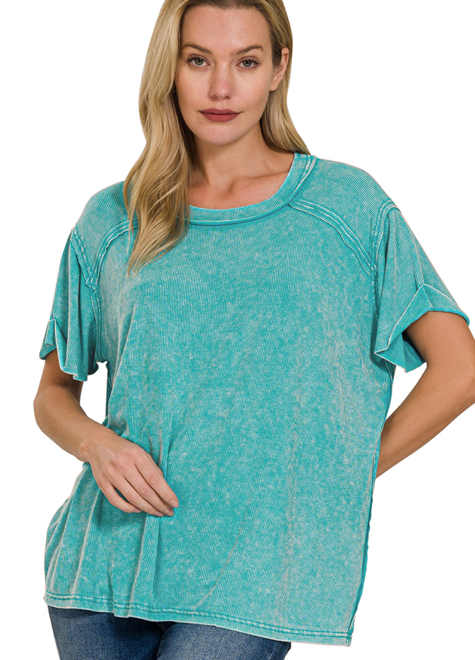 Zenana Teal Ribbed Short Sleeve Top