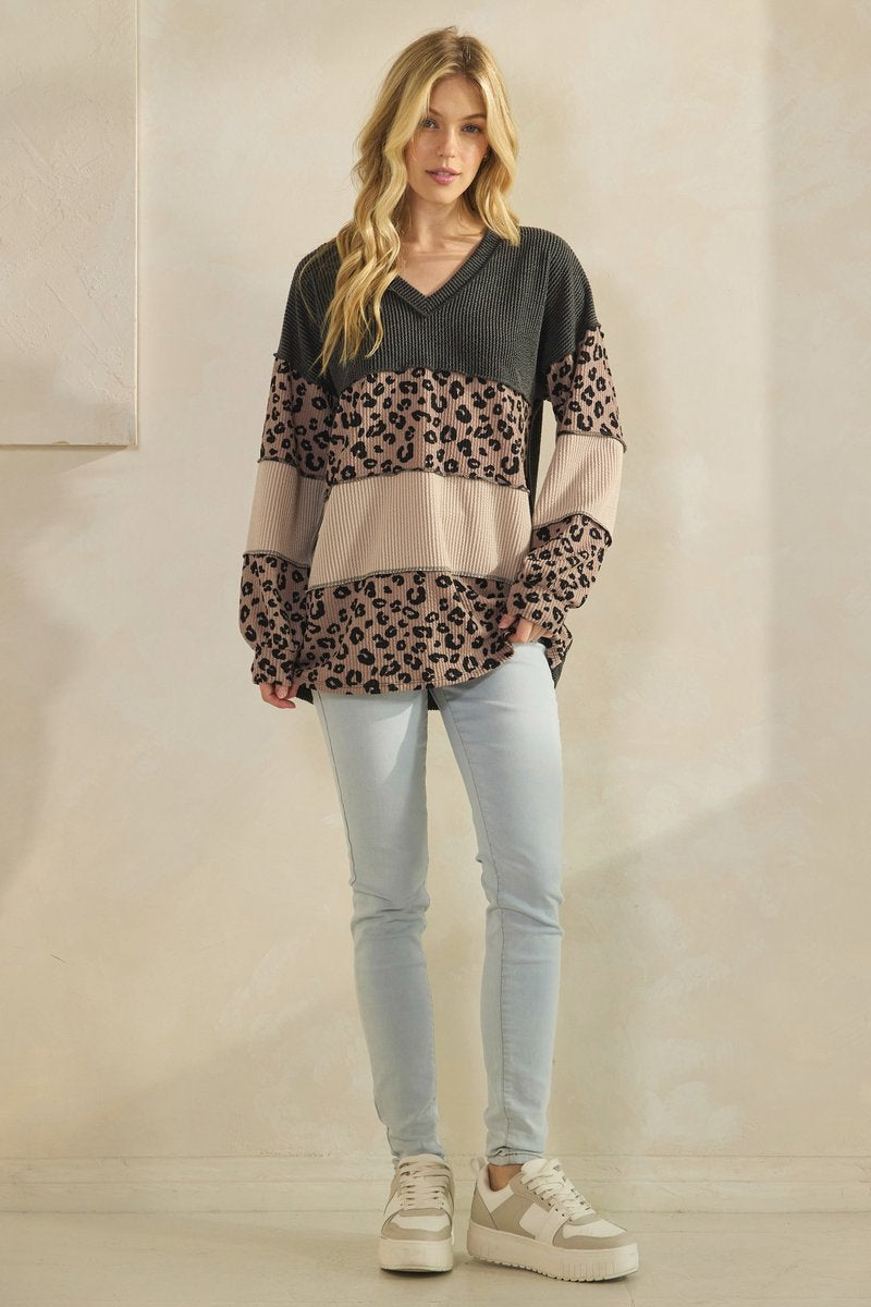 Heimish Oatmeal Leopard Color-block Long Sleeve Top