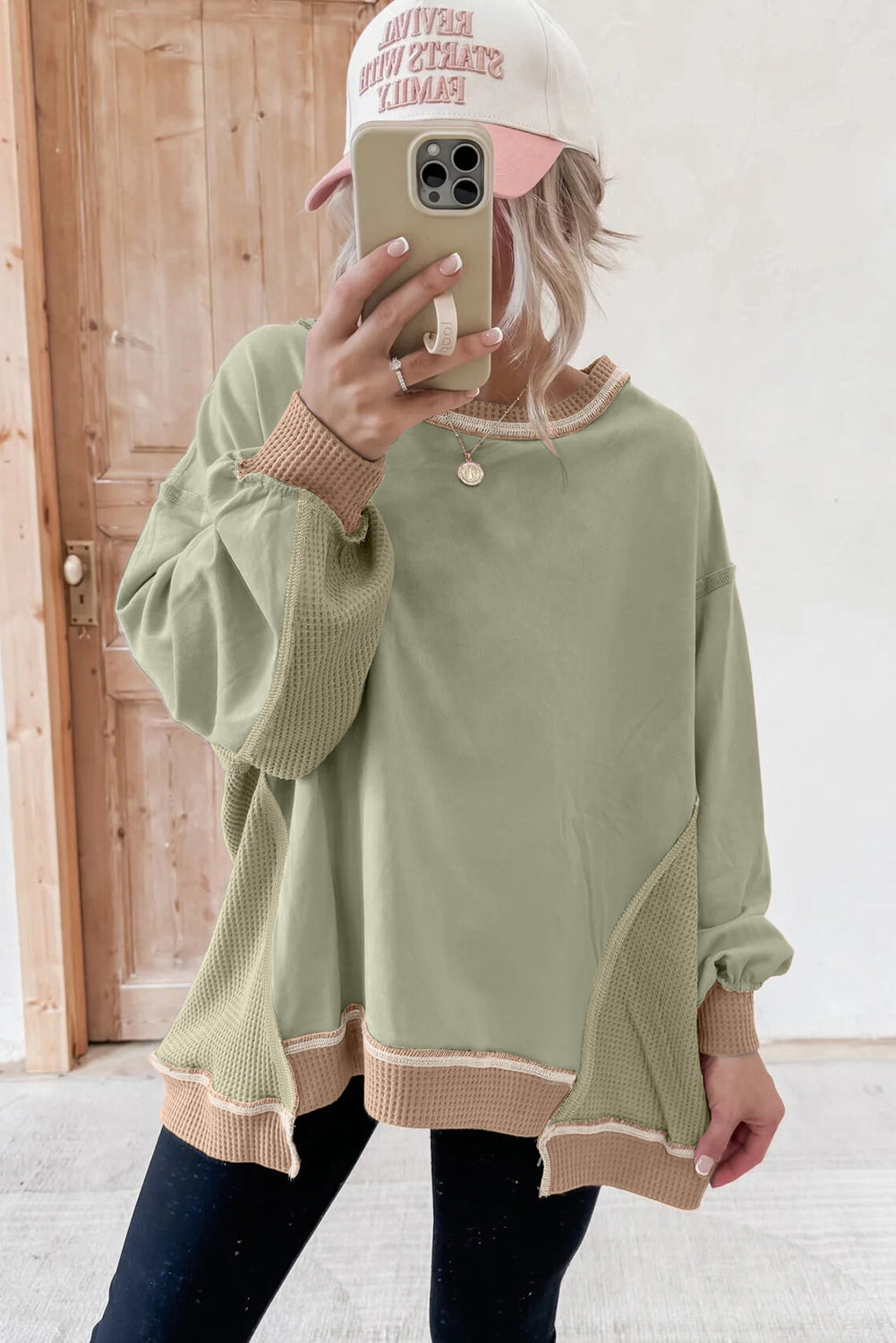 Light Pink Color Block Mix Texture Waffle Patchwork Oversize Sweatshirt