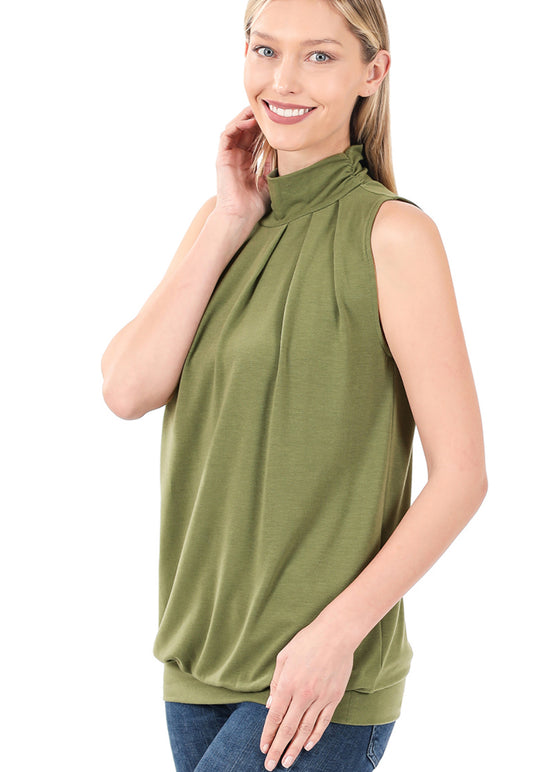 Zenana Ash Olive High Neck Pleated Top