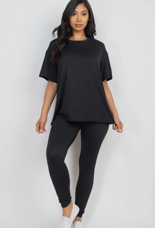 Black Oversized T-shirt and Legging Two Piece Set