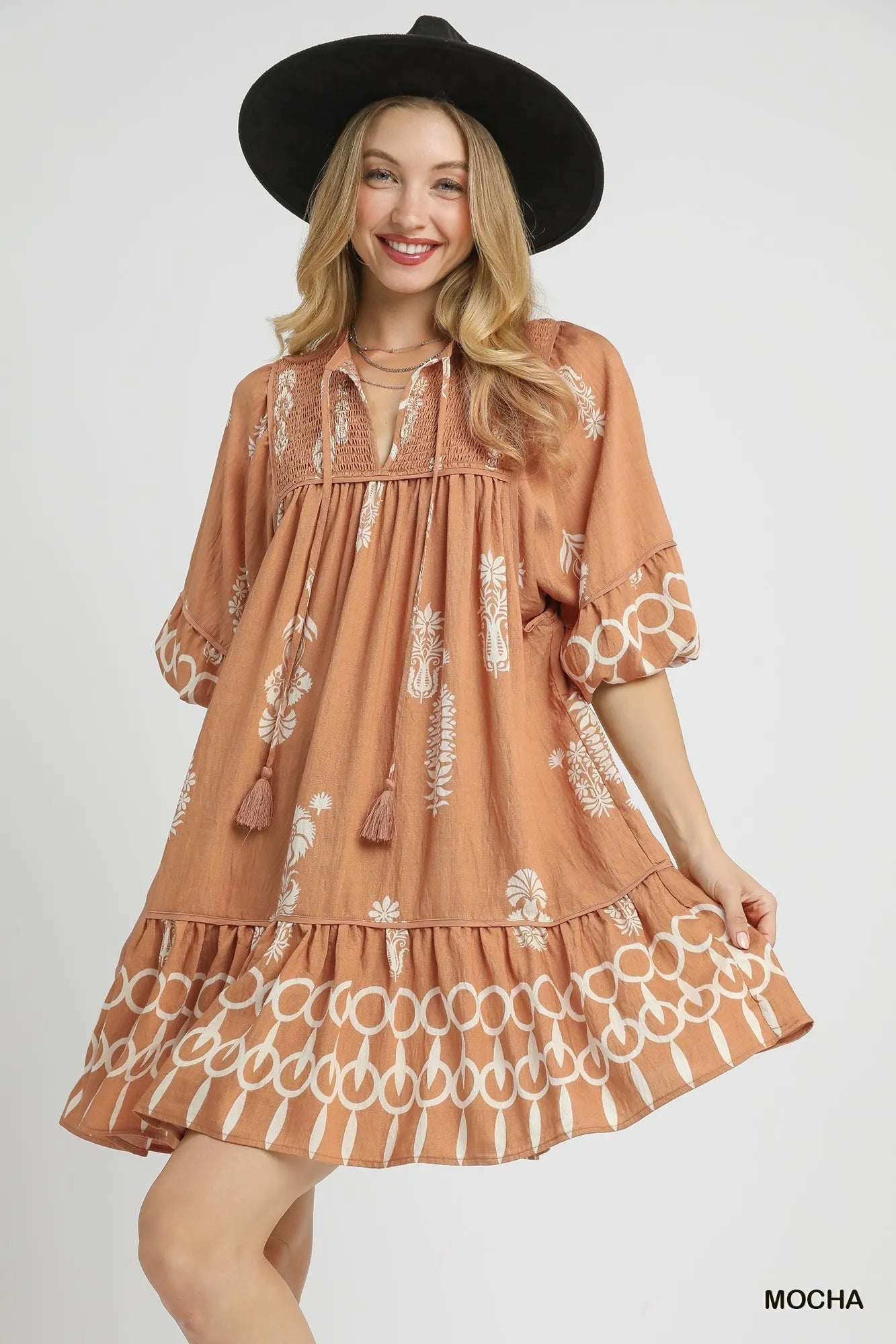 Umgee Boarder Print Tassel Tie Neck Mini Dress Umgee Boarder Print Tassel Tie Neck Mini Dress