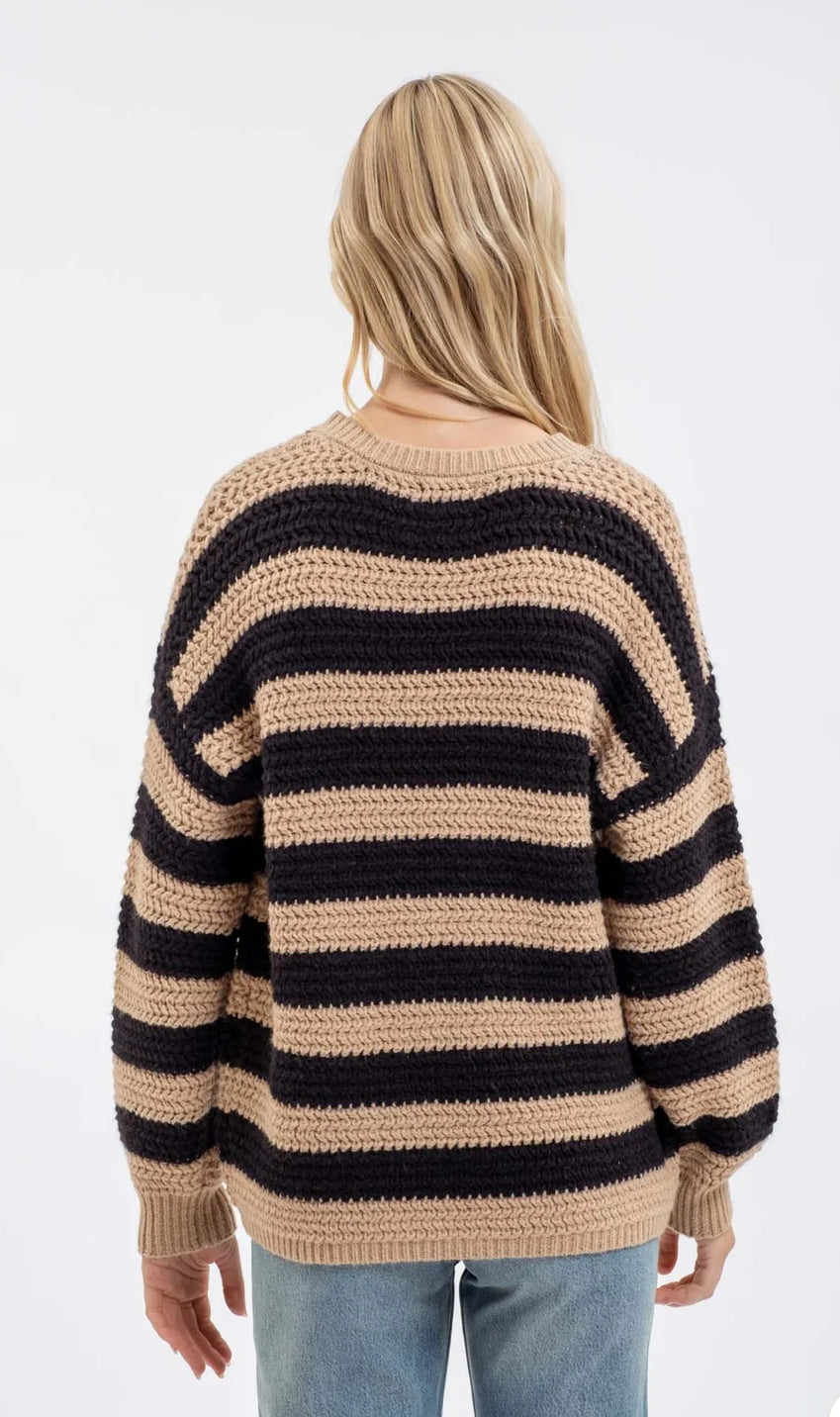 Taupe and Black Stripe Long Sleeve Knit Pullover