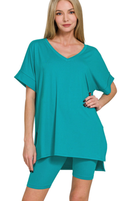Zenana Light Teal V-neck Top And Biker Short Set