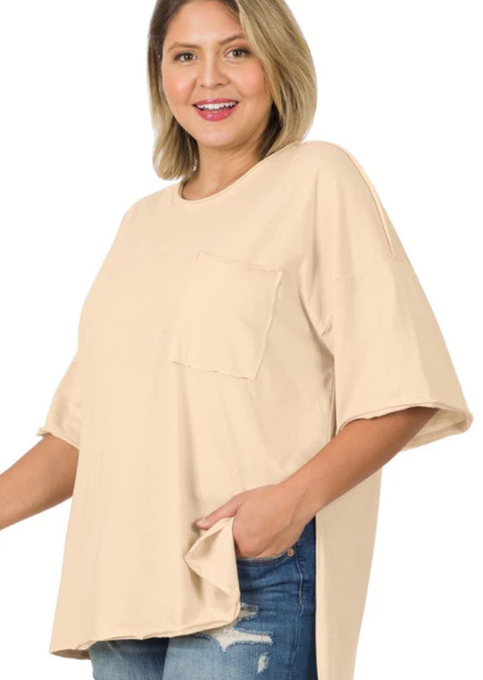 Sand Beige Front Pocket Raw Edge Boyfriend Tee