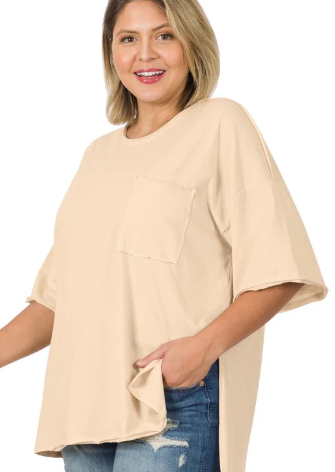 Sand Beige Front Pocket Raw Edge Boyfriend Tee