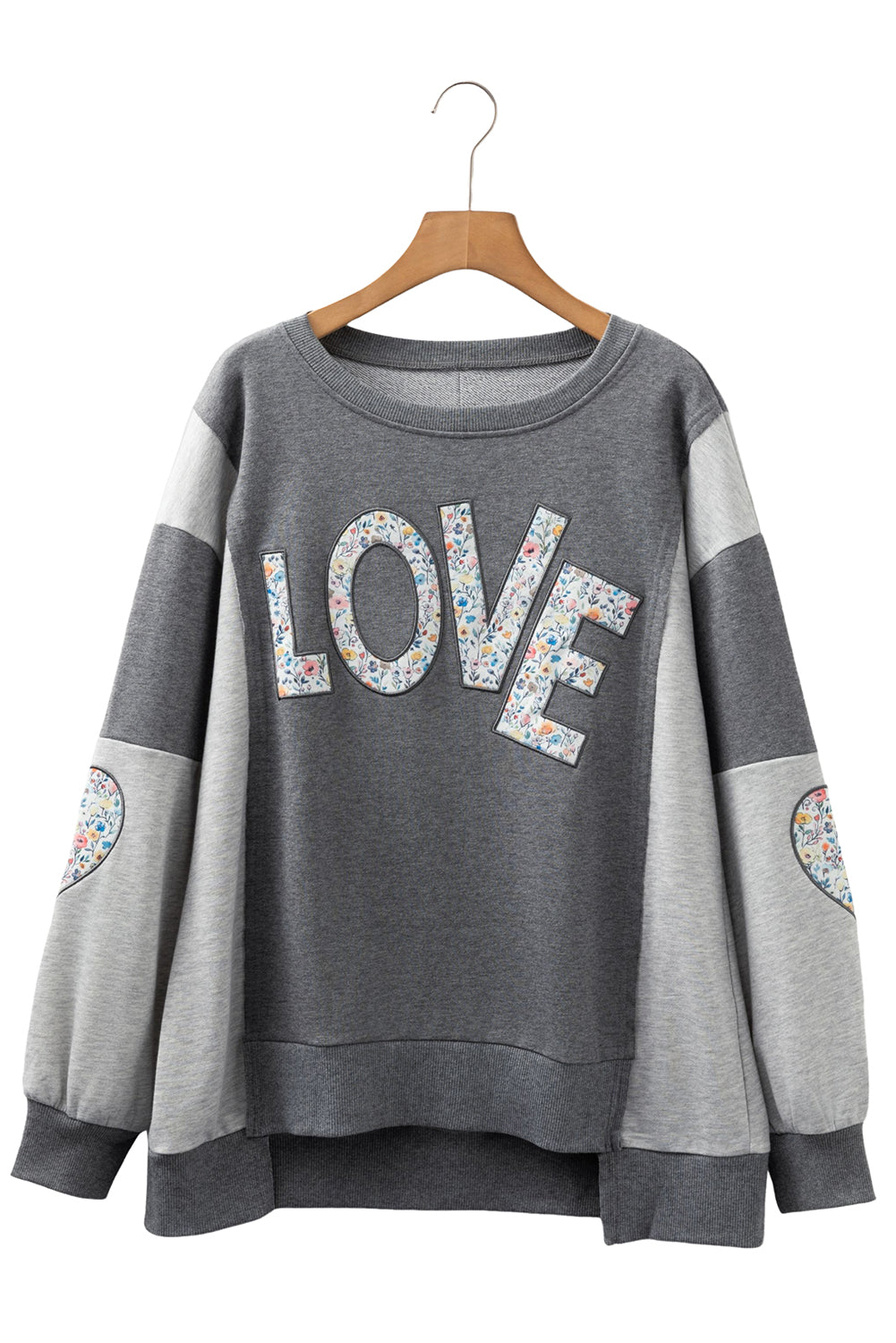 Dark Grey LOVE Graphic Exposed Seam Patchwork Uneven Hem Chic Sweatshirt
