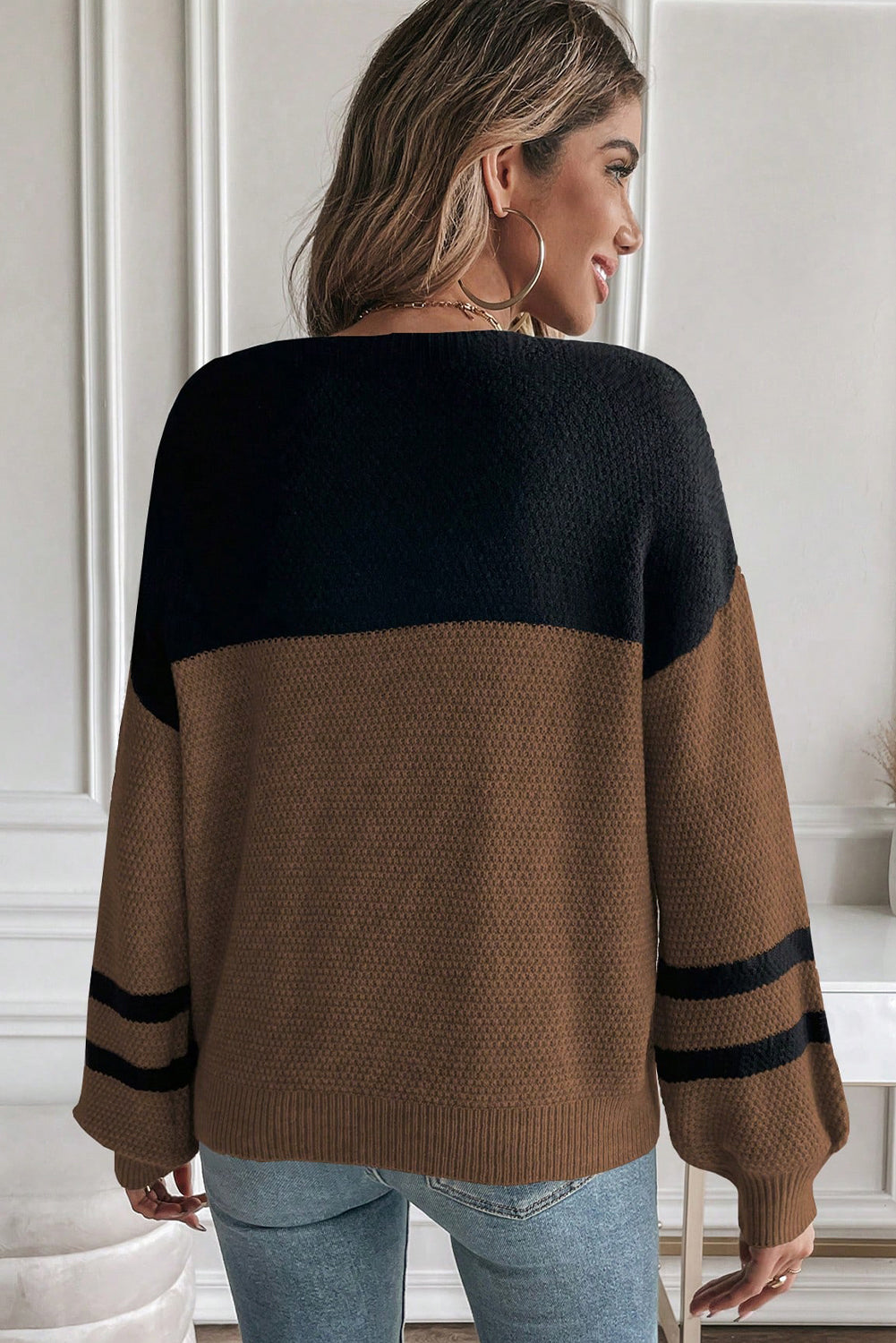 Medium Grey Color Block Knit Striped Sleeve Detail Casual Sweater
