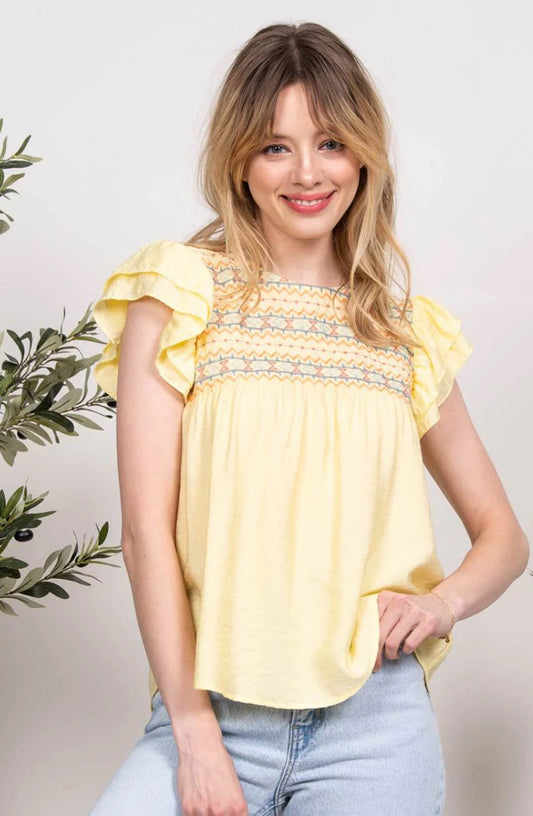 Yellow Embroidered Woven Top