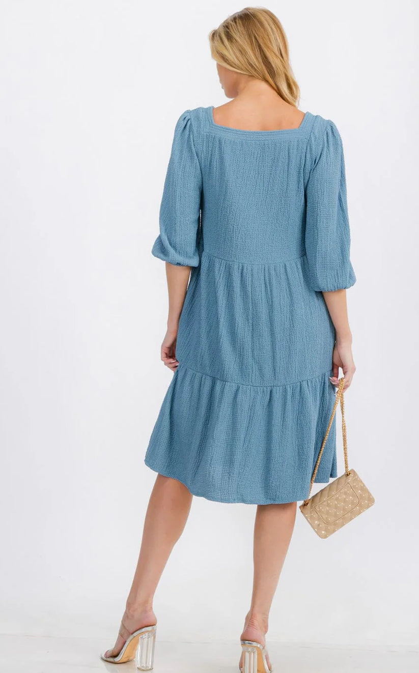 3/4 Sleeve Blue Tiered Midi Dress