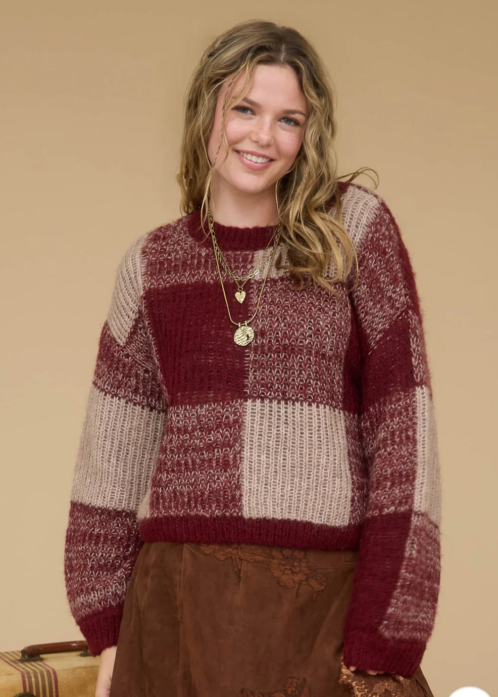 Burgundy Plaid Knit Sweater
