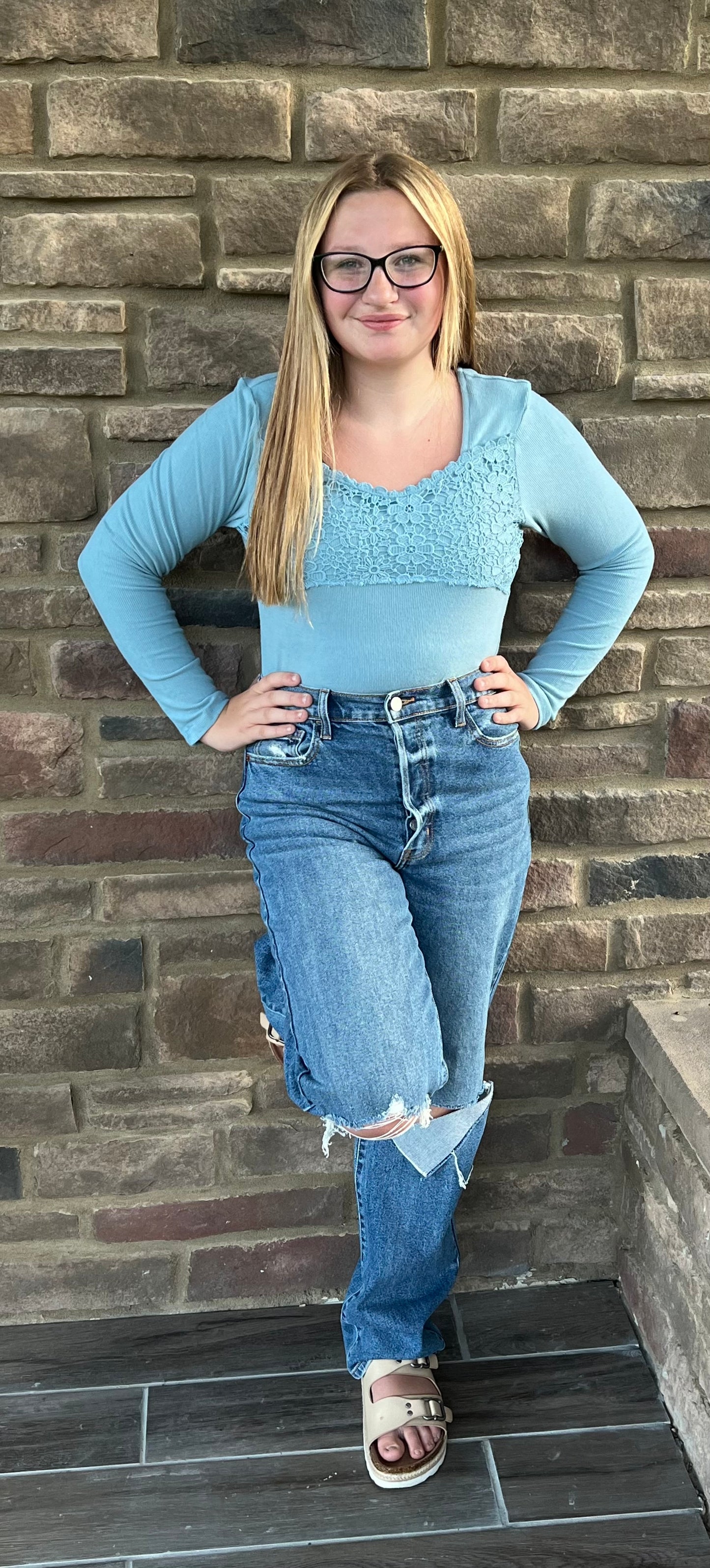 Sky Blue Lace Long Sleeve - Grace Ann Faith Boutique - Official Online Boutique