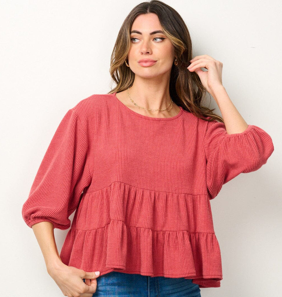 Rust 3/4 Puff Sleeve Tiered Top