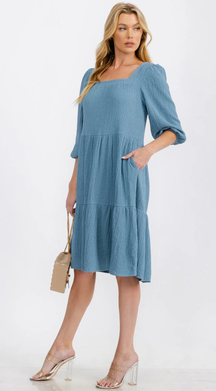 3/4 Sleeve Blue Tiered Midi Dress