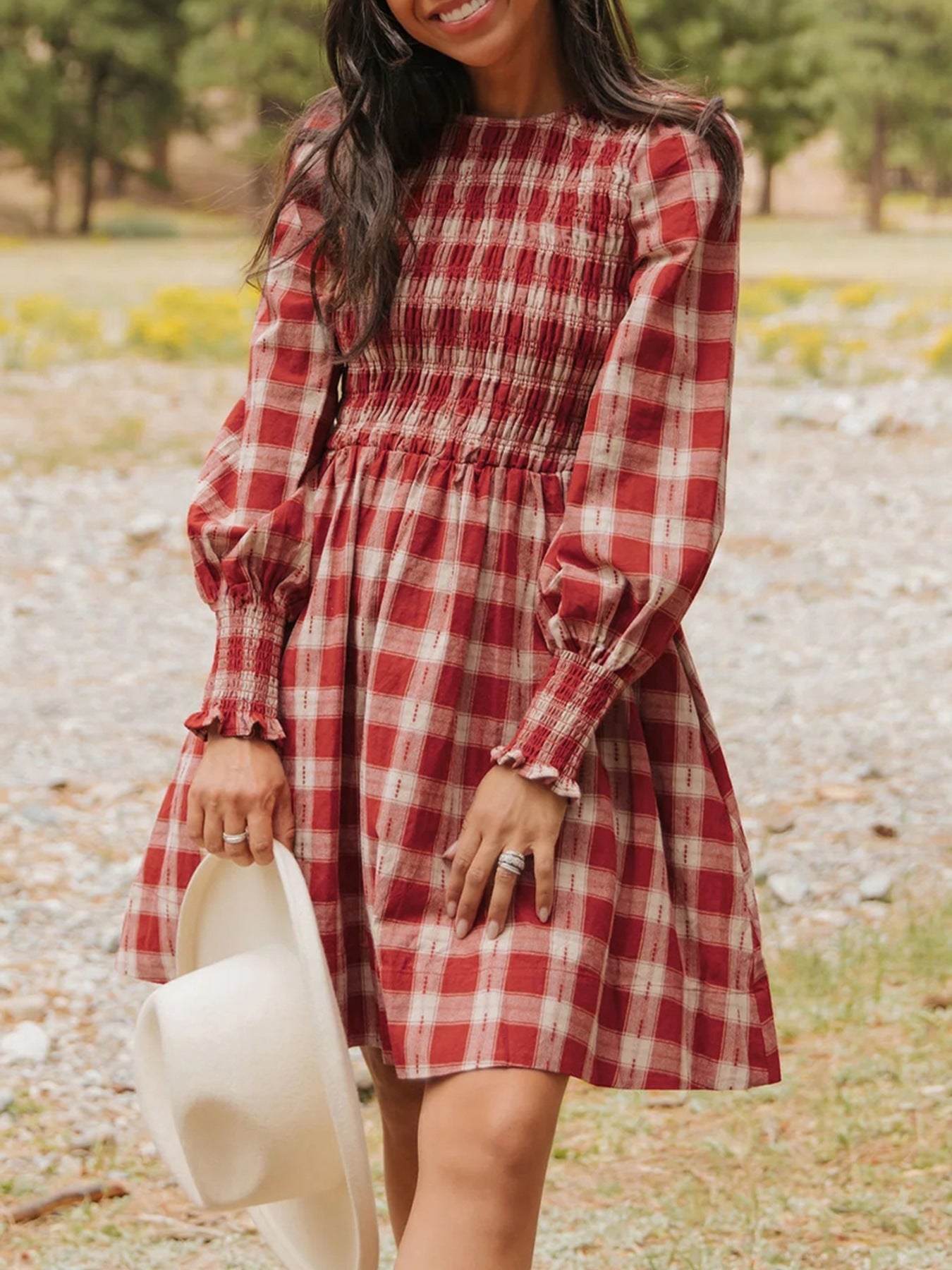 Plaid Smocked Puff Sleeve Mini Dress Flowy Casual Fall Dress Scarlet / S Plaid Smocked Puff Sleeve Mini Dress Flowy Casual Fall Dress Scarlet / S