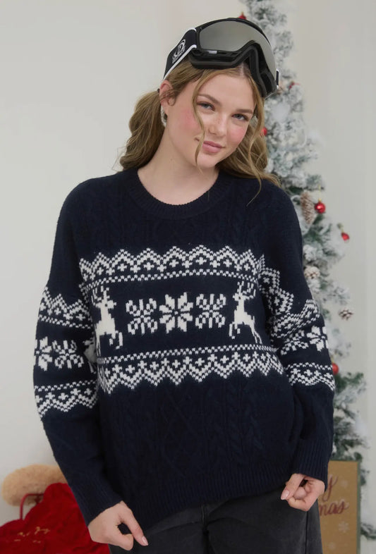 Snowflake Deer Cable Knit Pullover Sweater