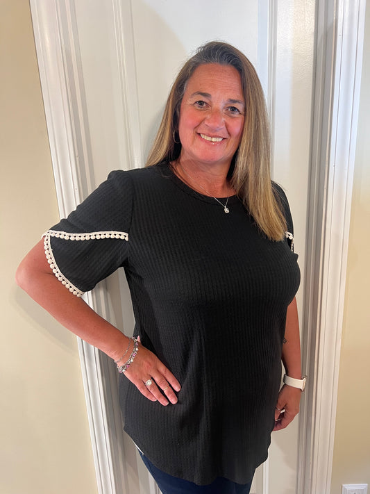 Heimish Black Short Sleeve Top With Lace Trim