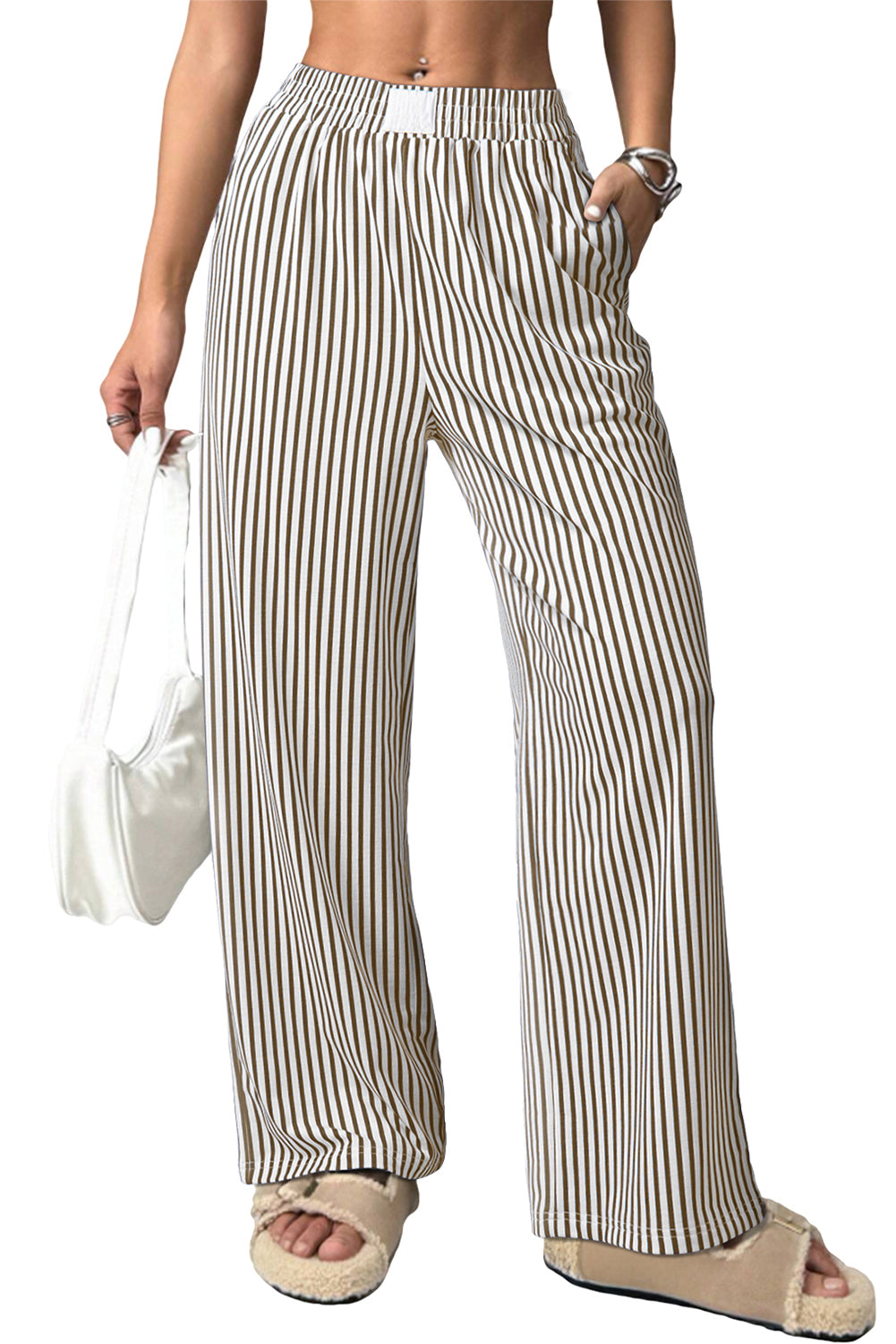 Black Stripe Elastic High Waist Pocketed Loose Pants