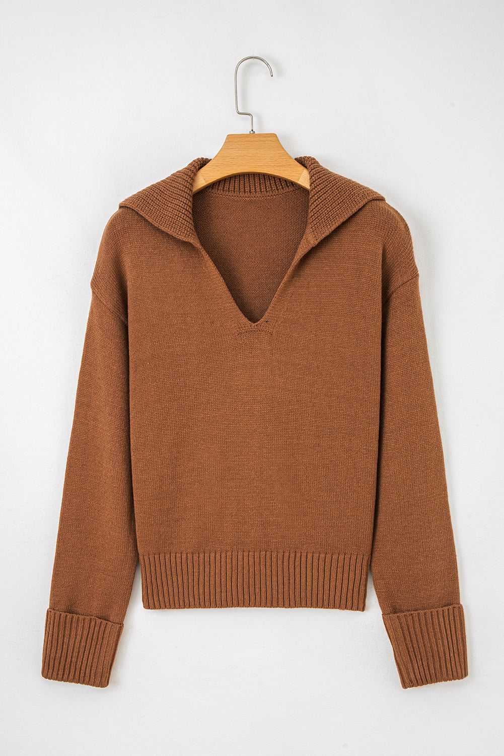 Chestnut Collared V Neck Ribbed Edge Sweater