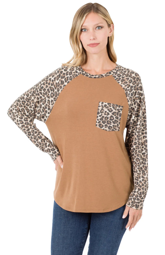 Leopard Deep Camel Raglan Long Sleeve Top With Pocket