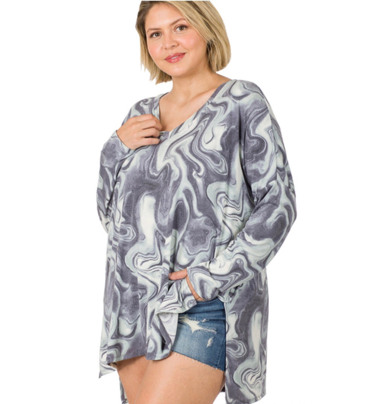Blue Grey Printed Dolman Long Sleeve Top - Grace Ann Faith Boutique - Official Online Boutique