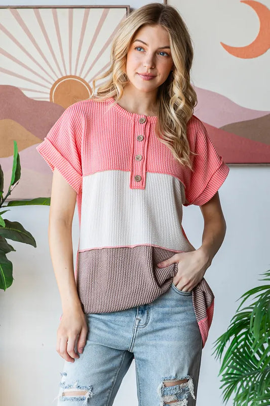 Heimish Coral Ribbed Color Block Short Sleeve Top