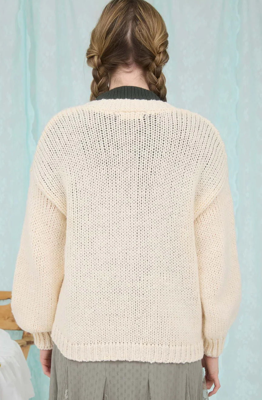 Cream Floral Embroidered V Neck Cardigan