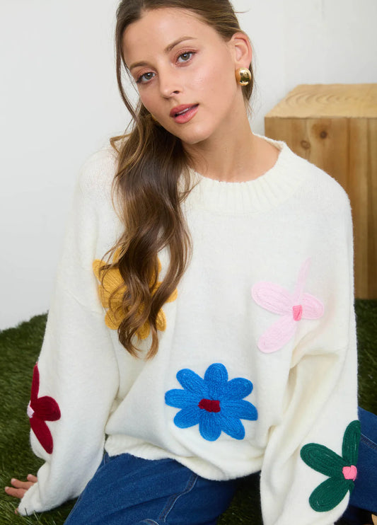 White Knit Sweater With Multi-colored Crochet Flowers