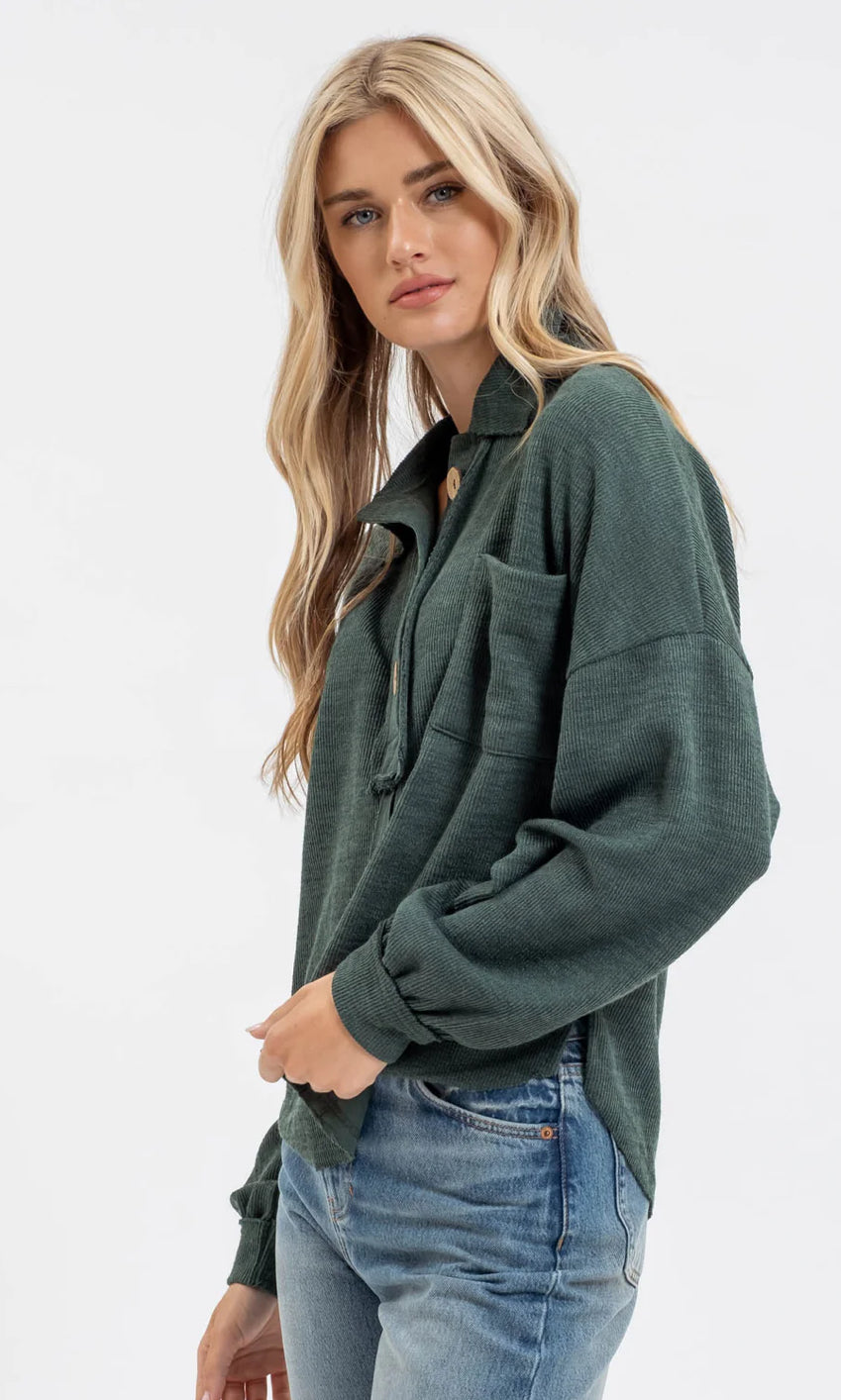 Forest Green Collared Raw Edge Knit Top