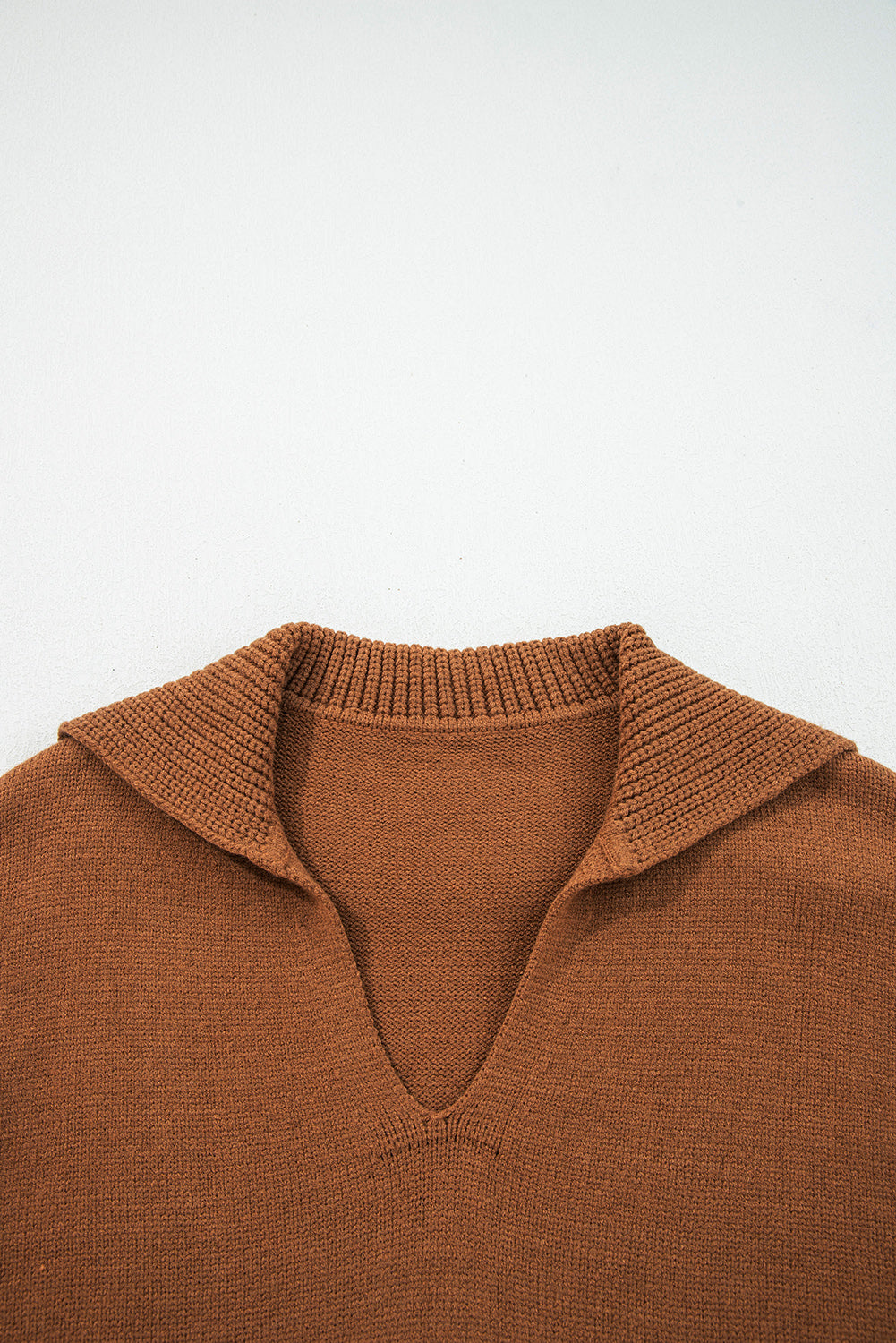 Chestnut Collared V Neck Ribbed Edge Sweater