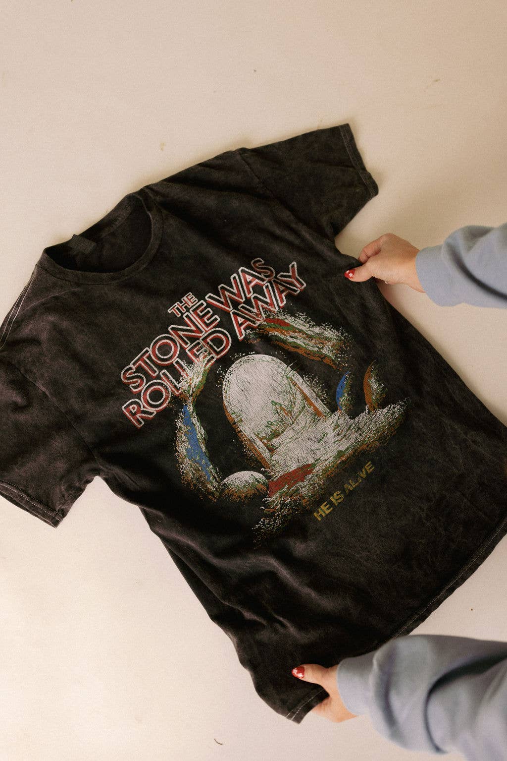 Acid Wash Graphic Tee " The Stone Was Rolled Away"