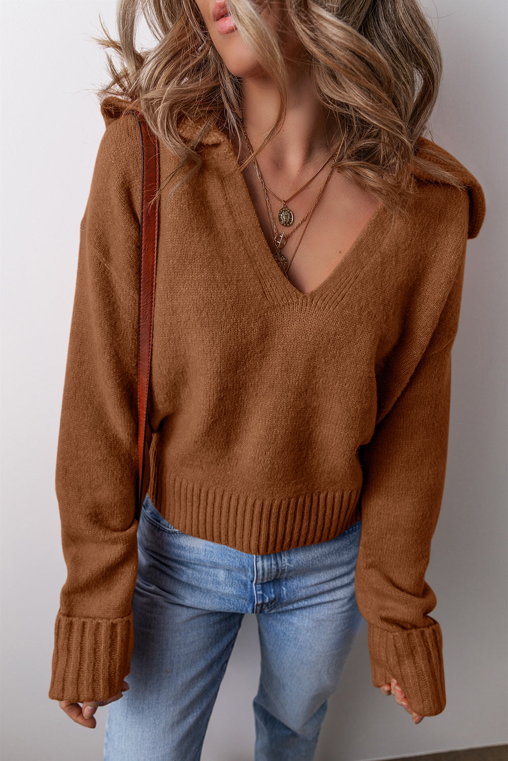 Chestnut Collared V Neck Ribbed Edge Sweater