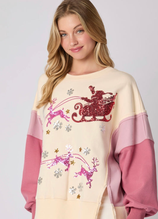 Christmas Sequins Embroidery Color Block Fleece Sweatshirt