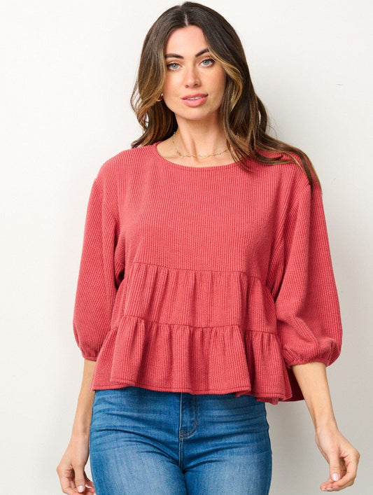 Rust 3/4 Puff Sleeve Tiered Top