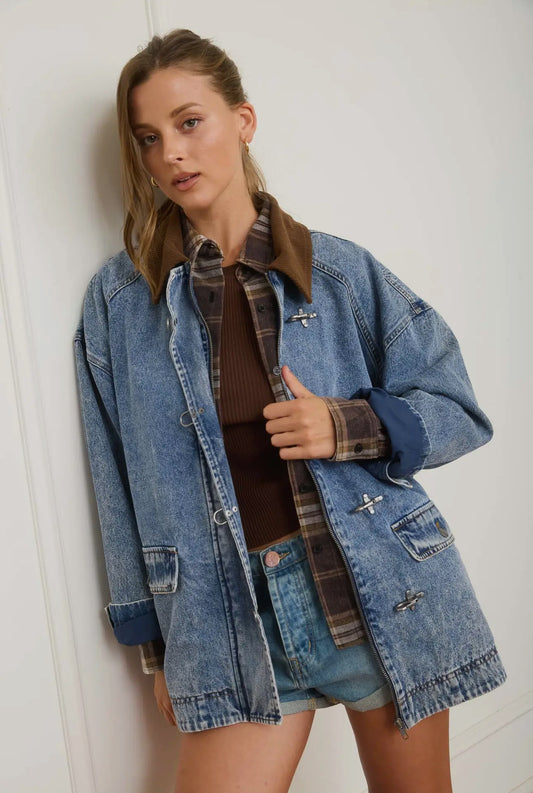 Denim Contrast Collar Jacket With Hook Latches