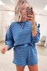 Blue Stripe Drop Shoulder Long Sleeve Pullover Elastic Waist Casual Short Set