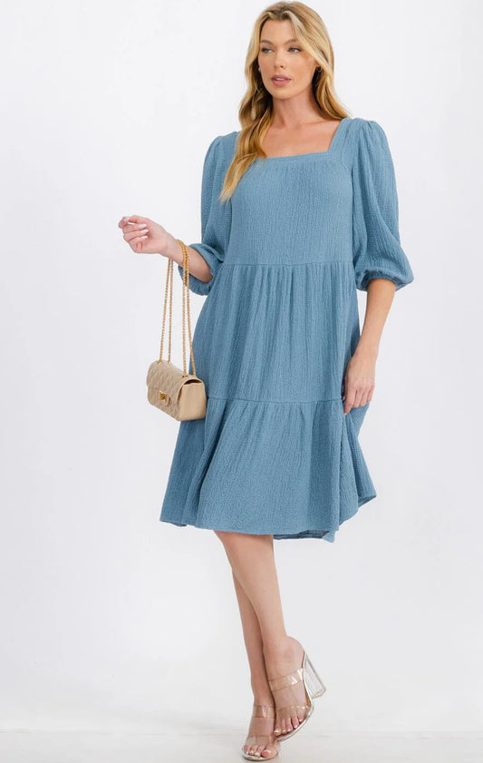 3/4 Sleeve Blue Tiered Midi Dress