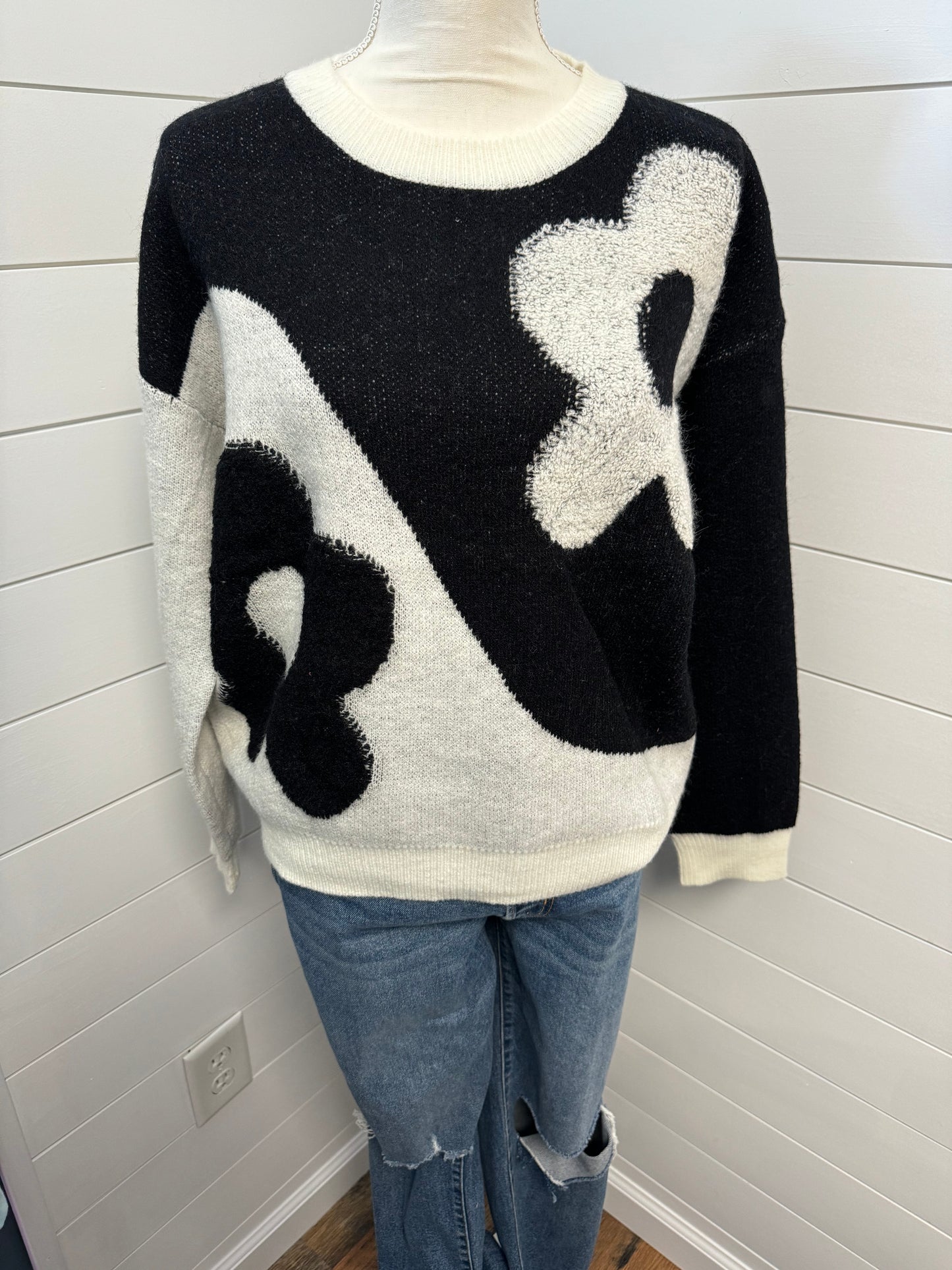 Black and White Flower Colorblock Sweater