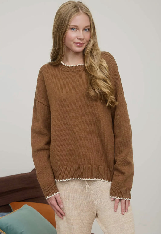 Brown Contrast Stitch Trim Pullover Sweater