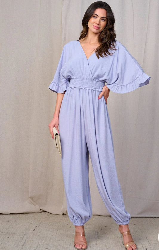 Smocked Waist Surplice Jogger Jumpsuit
