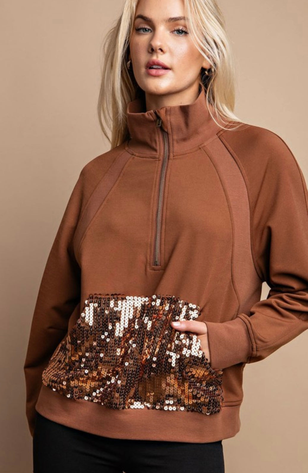 Sequined Pocket Mock Neck Half Zip