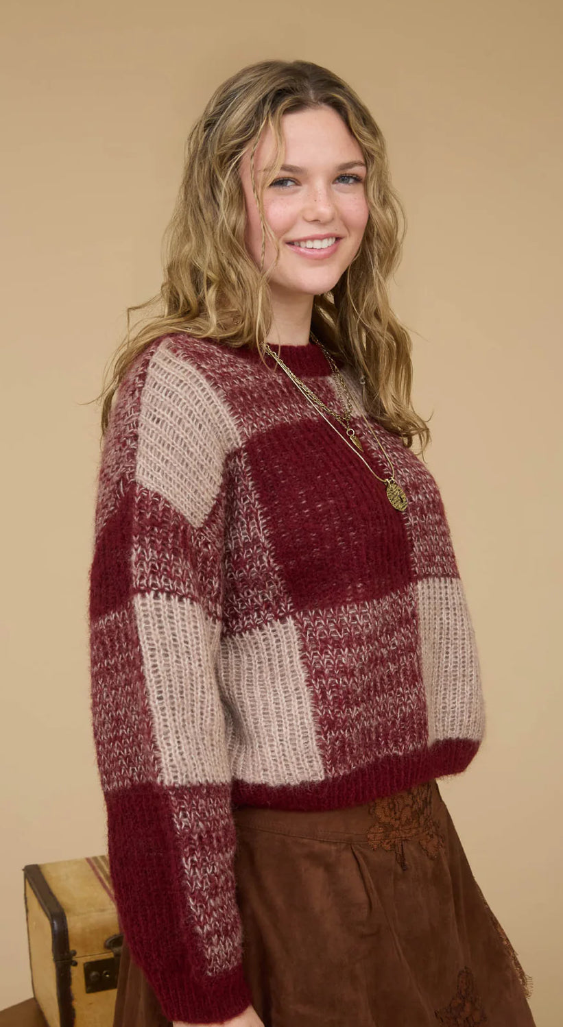 Burgundy Plaid Knit Sweater