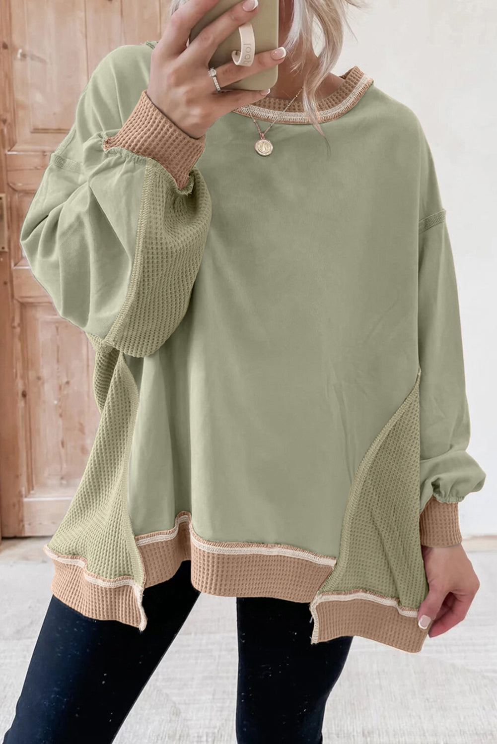 Light Pink Color Block Mix Texture Waffle Patchwork Oversize Sweatshirt