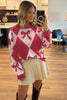 Red Bow Print 2-tone Rhombus Knit Loose Sweater