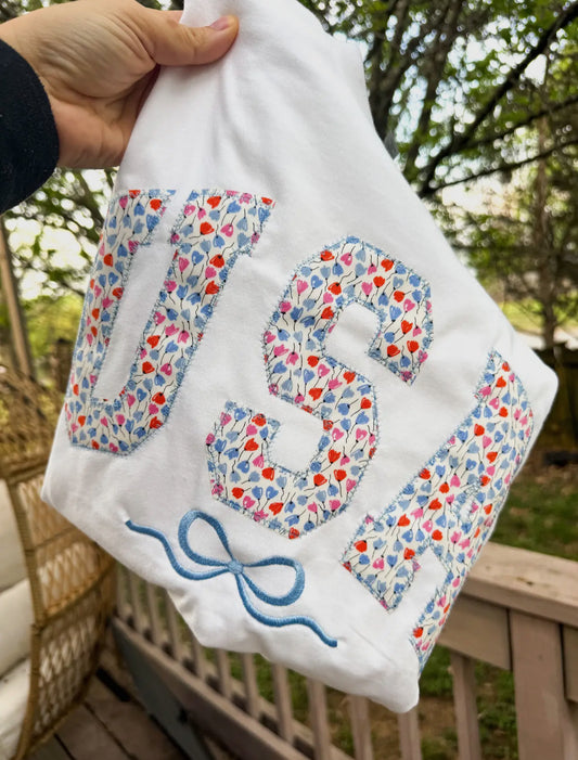 White Embroidered Floral USA Short Sleeve Graphic Tee