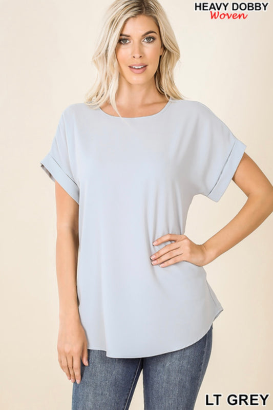 Lt Grey Woven Rolled Sleeve Boat Neck Top