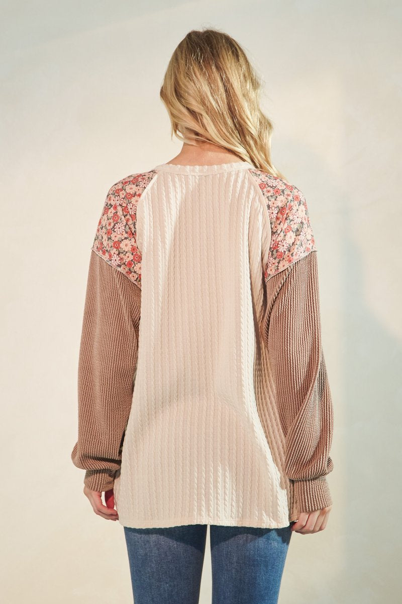 Heimish Beige Solid and Floral Contrast Long Sleeve Top