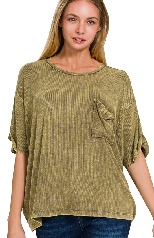 Zenana Olive Ribbed Short Sleeve Pocket Top