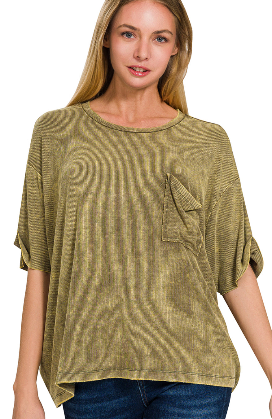 Zenana Olive Ribbed Short Sleeve Pocket Top